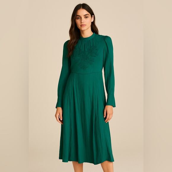 Free People Emerald Green Long Sleeve Mock Neck Midi Dress Flowy Women’s XS - Picture 1 of 8